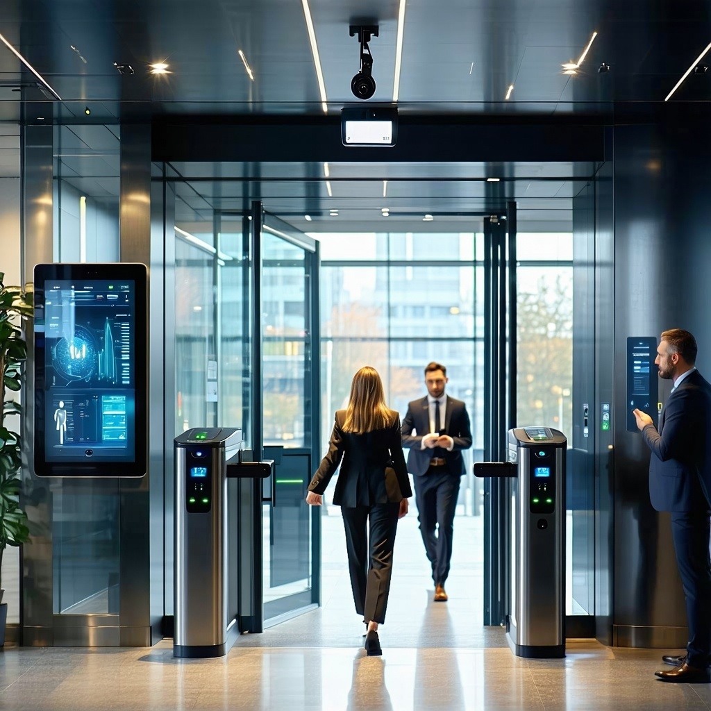 The image depicts a modern office building entrance equipped with sophisticated security measures A sleek glass turnstile stands prominently flanked by digital displays showing realtime access information Nearby a security guard observes the area whi-1