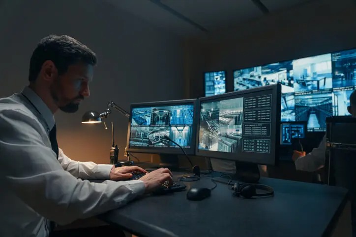A person checking security cameras