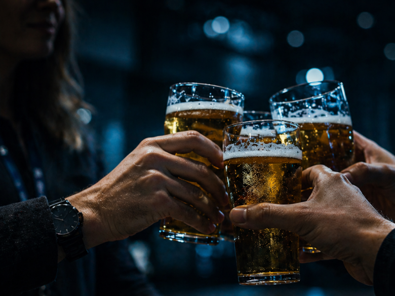 Three people with beer glasses engaged in a toast, hands pictured (no faces).