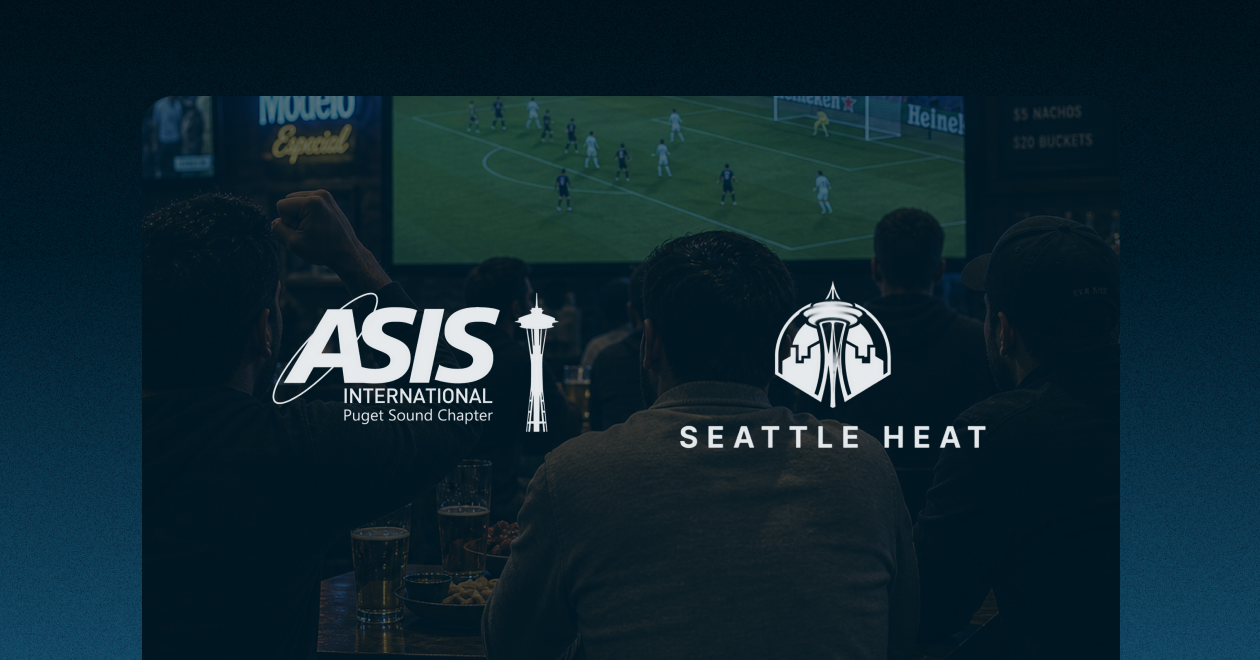 Soccer game playing in background with logos for ASIS Puget Sound and Seattle HEAT in the foreground