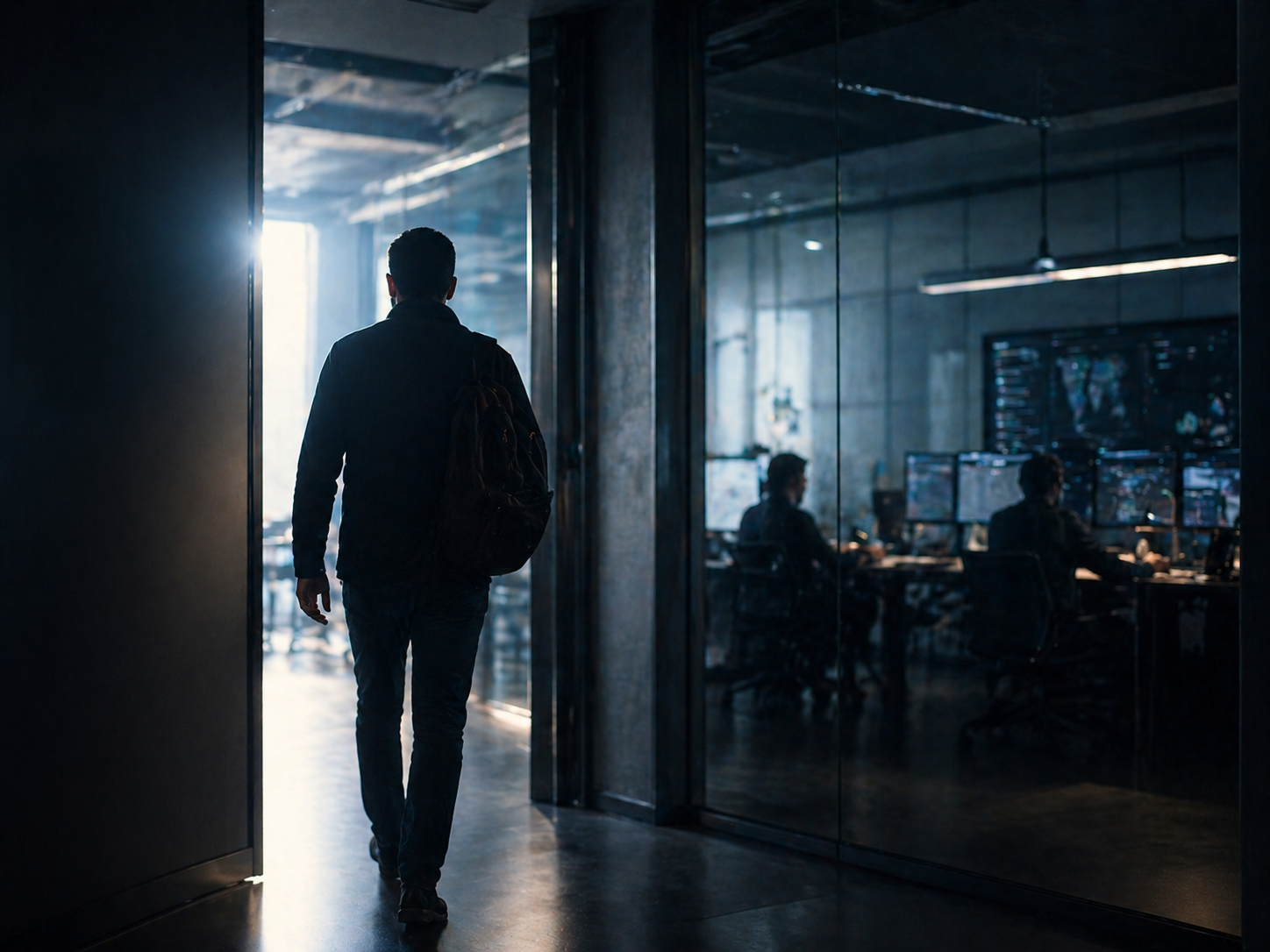 Man walking through a dark corridor with video screens
