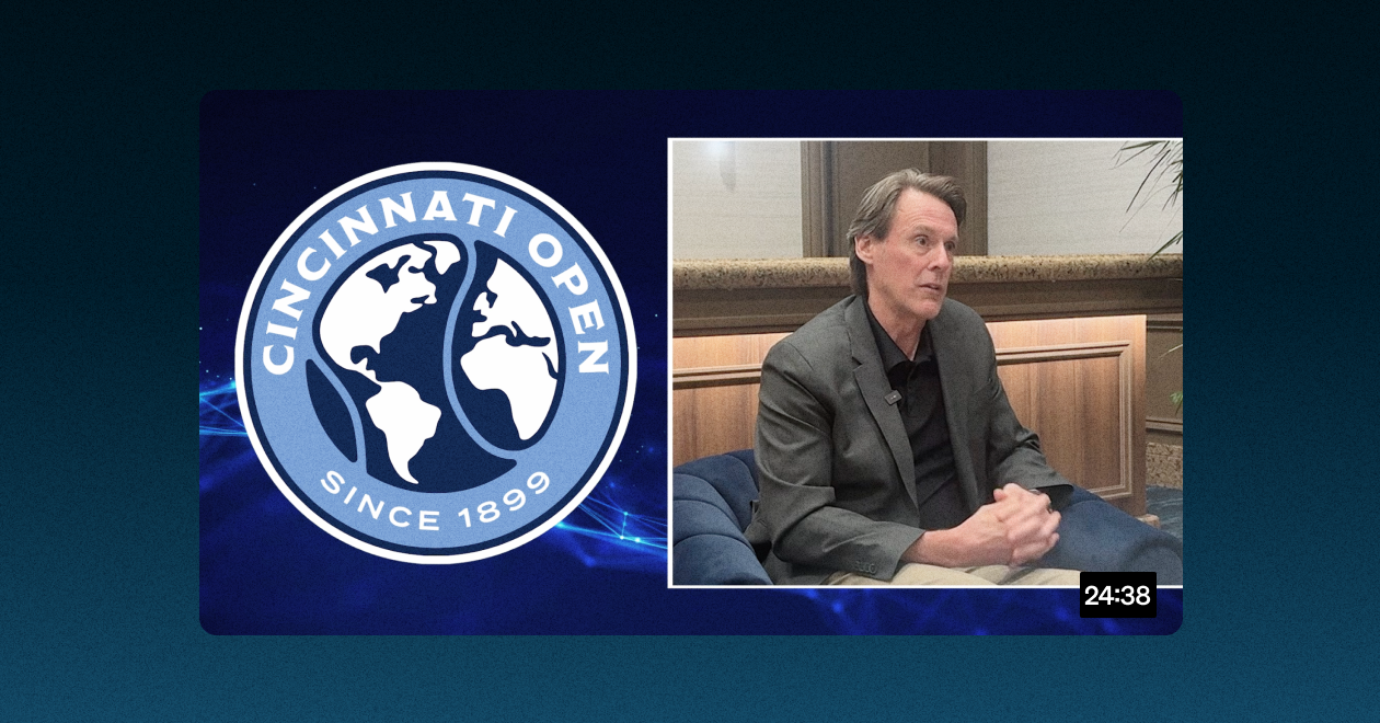 Image with logo on the left side that says "Cincinnati Open" and the right side is a man being interviewed