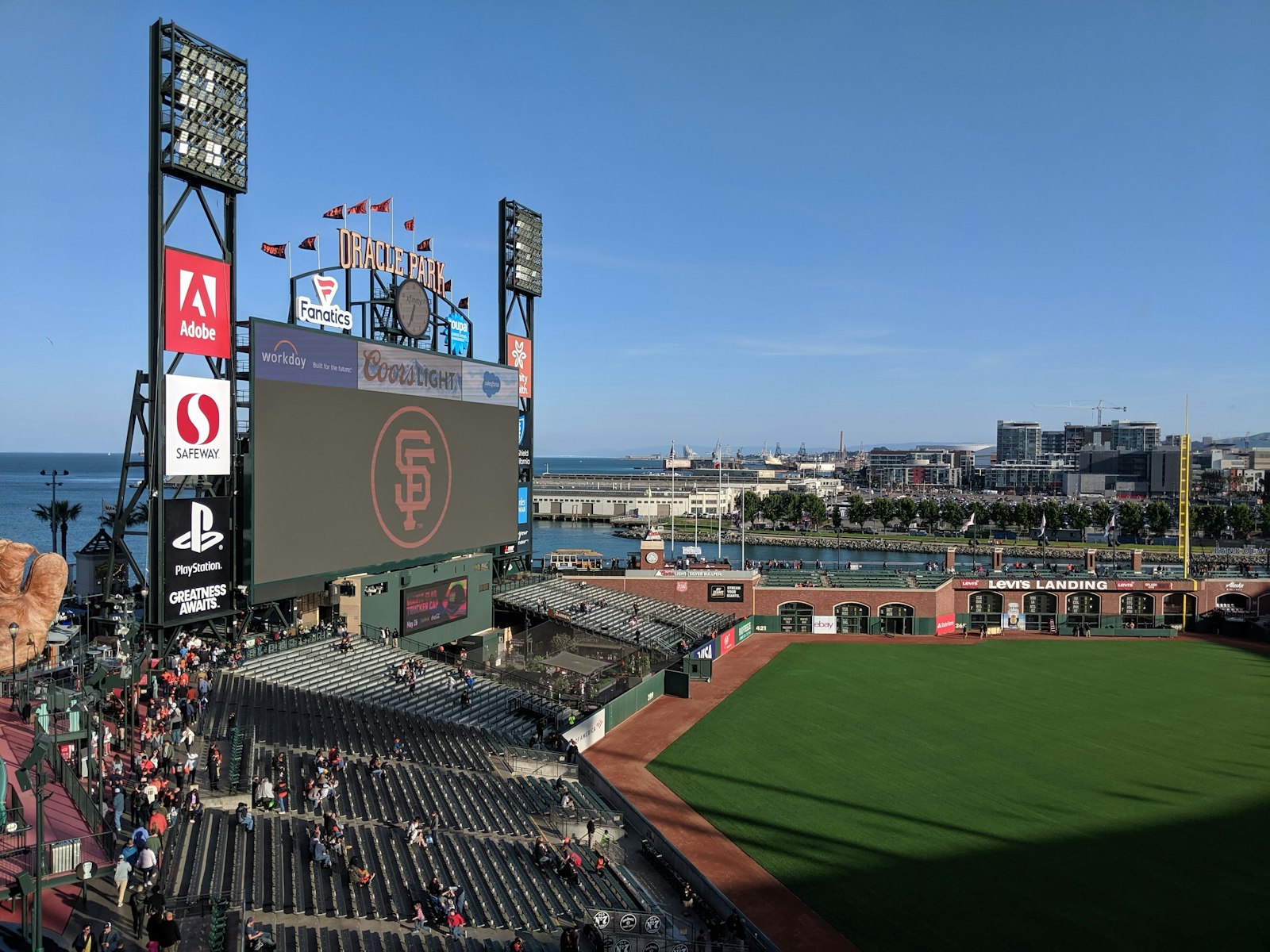 Oracle Park scoreboard and McCovey Cove on a sunny day